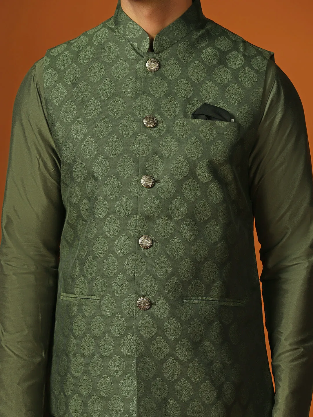 Men Olive Kurta Jacket Churidar Set