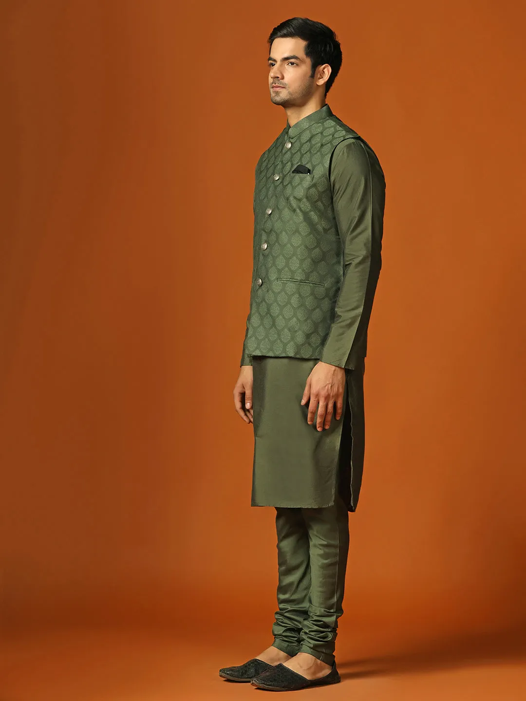 Men Olive Kurta Jacket Churidar Set