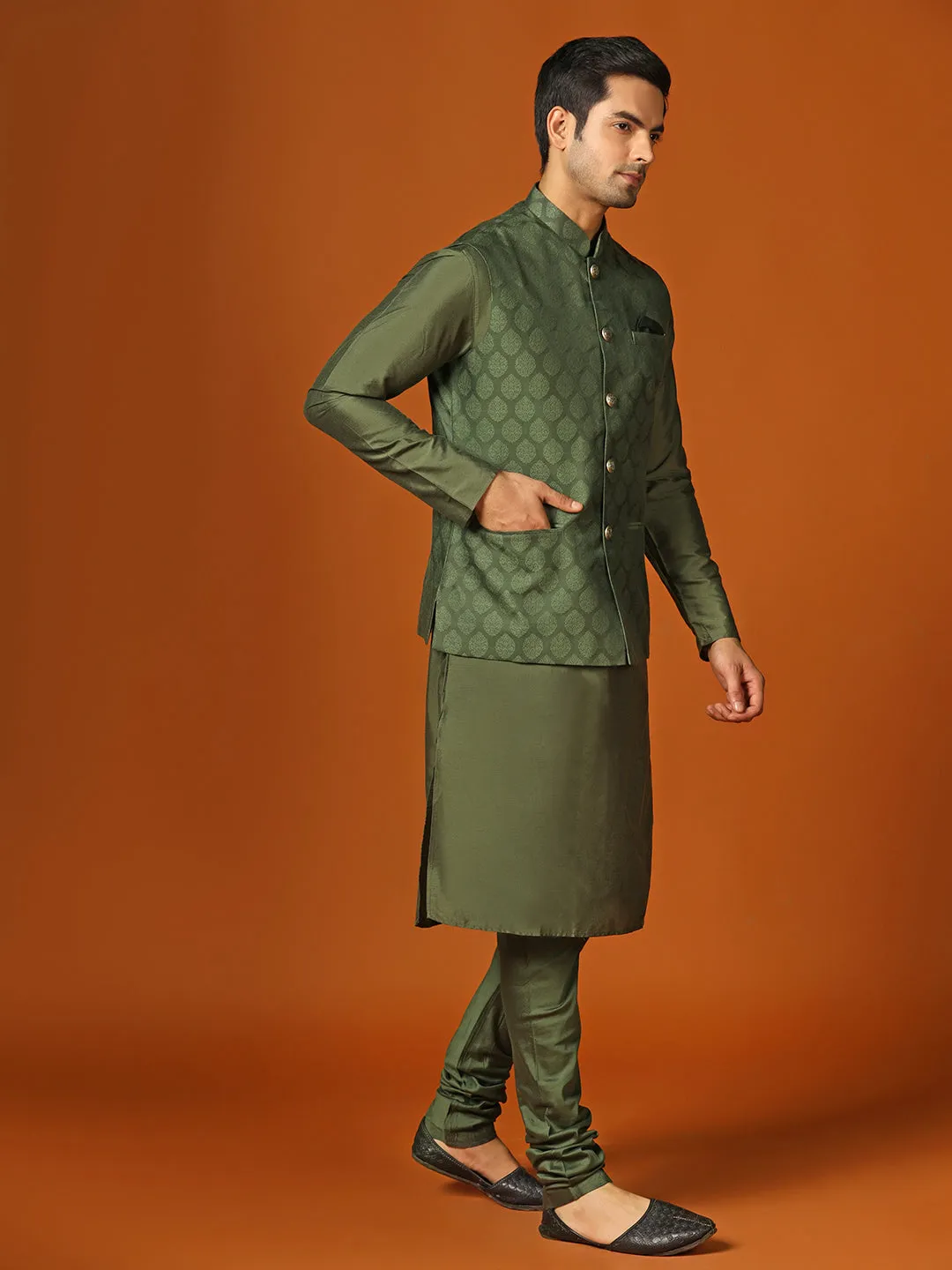 Men Olive Kurta Jacket Churidar Set