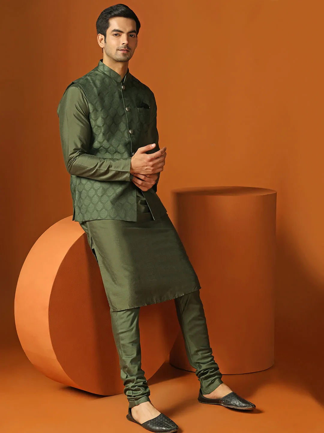 Men Olive Kurta Jacket Churidar Set