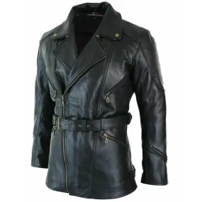 Men's 3/4 Motorcycle Biker Long Cowhide Leather Jacket