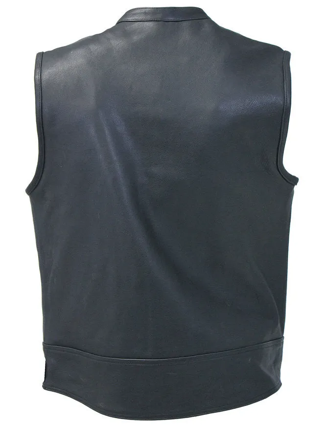 Men's Black Leather Biker Vest With Hidden Pockets