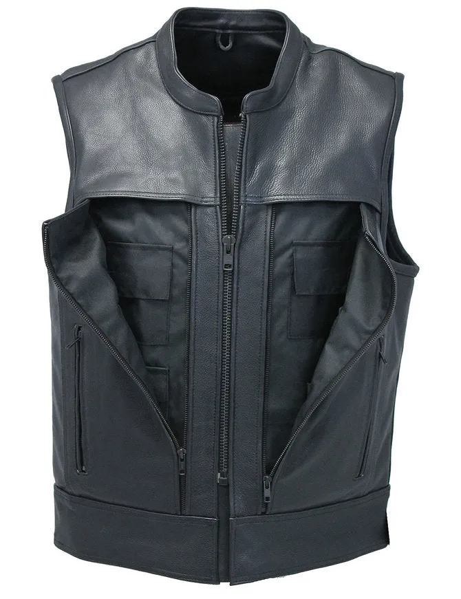 Men's Black Leather Biker Vest With Hidden Pockets