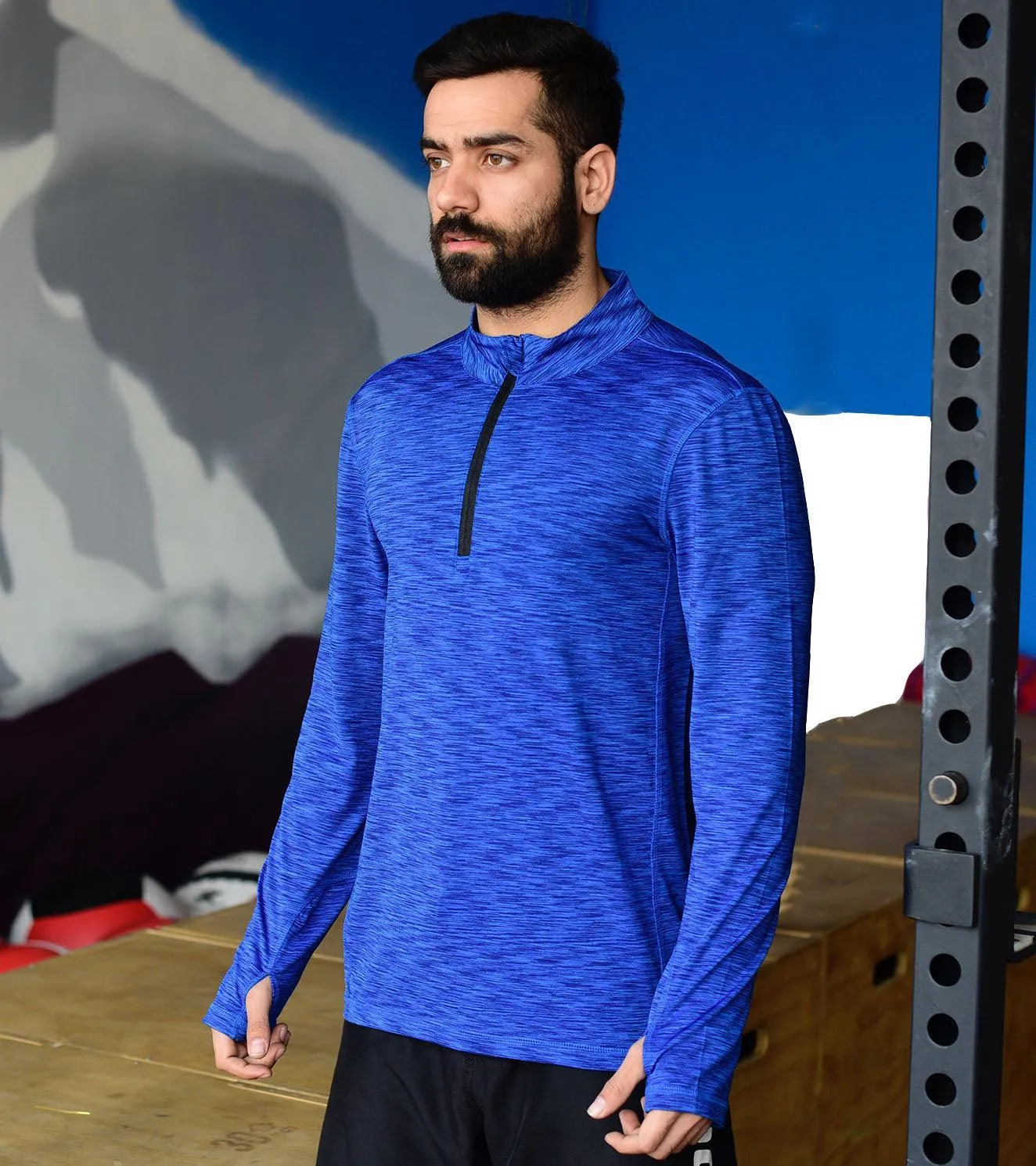 Men's Dry Fit Half Zip Long Sleeve Running T-Shirt (Blue)