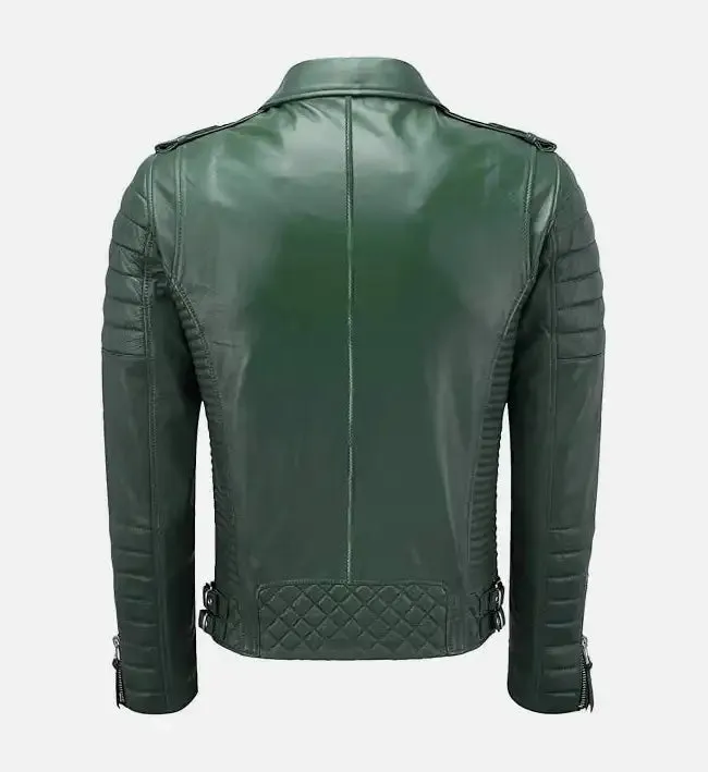 Men's Green Moto Biker Slim Fit Leather Jacket