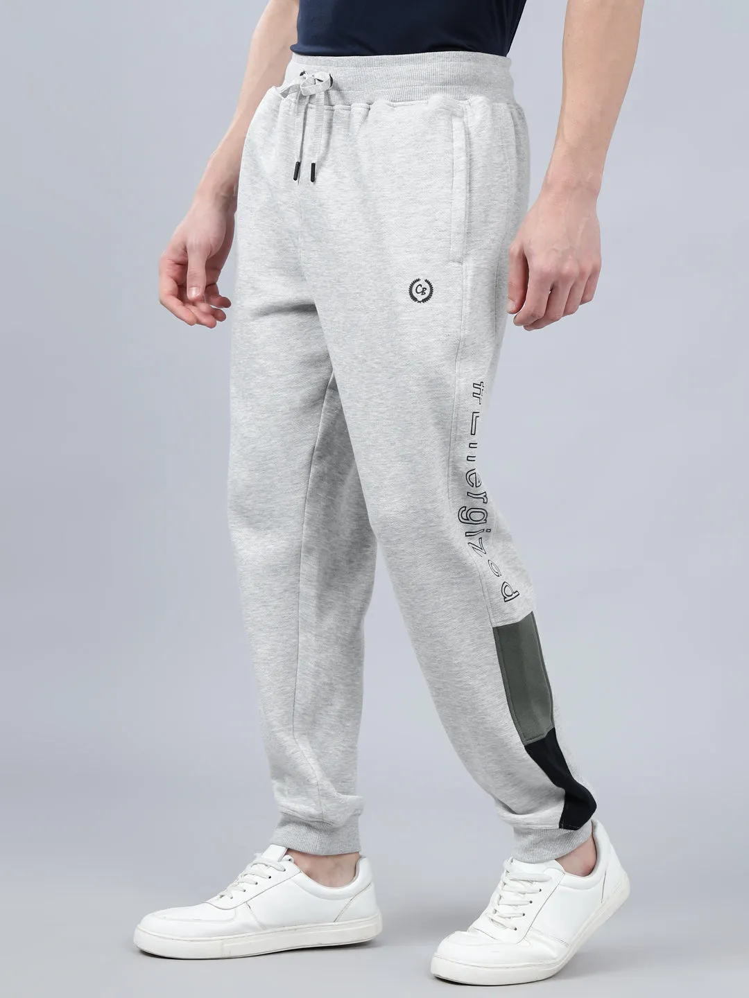 Men's Grey Melange Printed Winter Track Pant