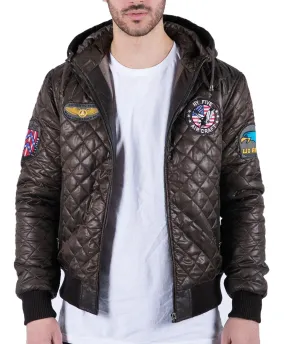 Mens Quilted Hooded Puffer Jacket Brown Badge Bomber Pilot Air Force