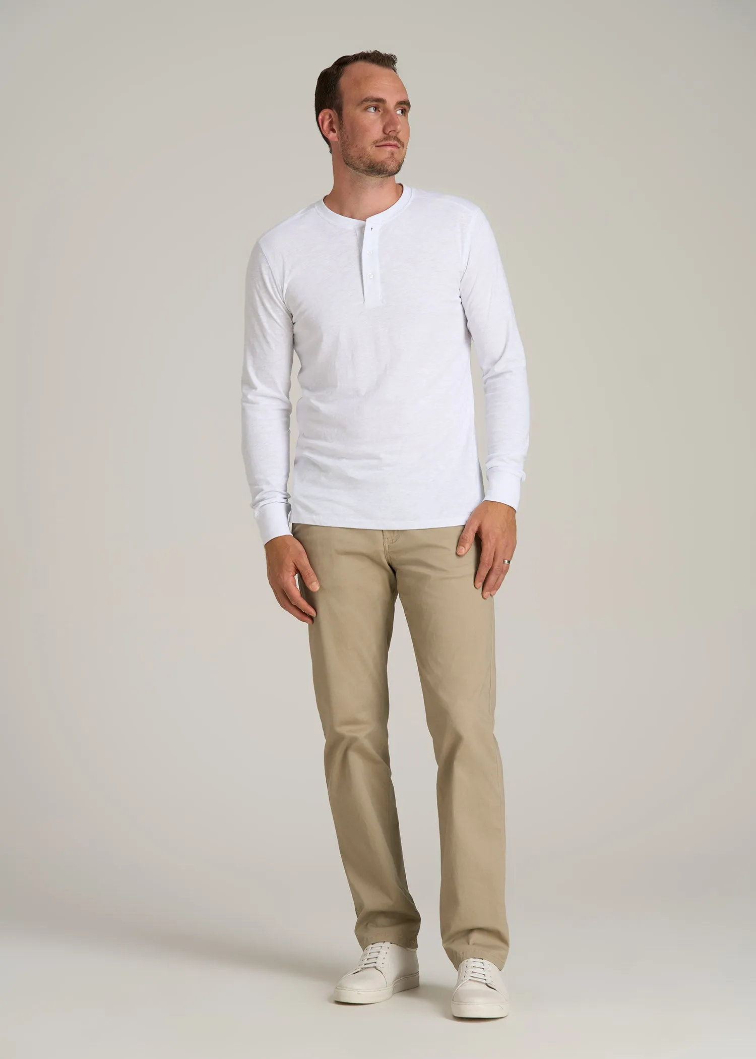 Men's Tall Three Button Long Sleeve Slub Henley in White