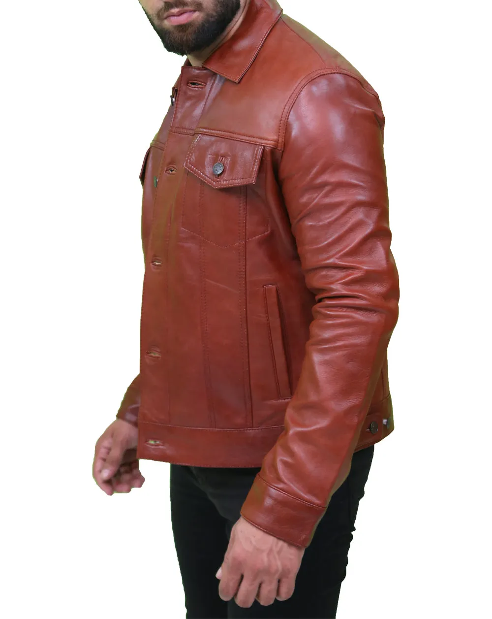 Mens Vintage Classic Brown Leather Trucker Jacket