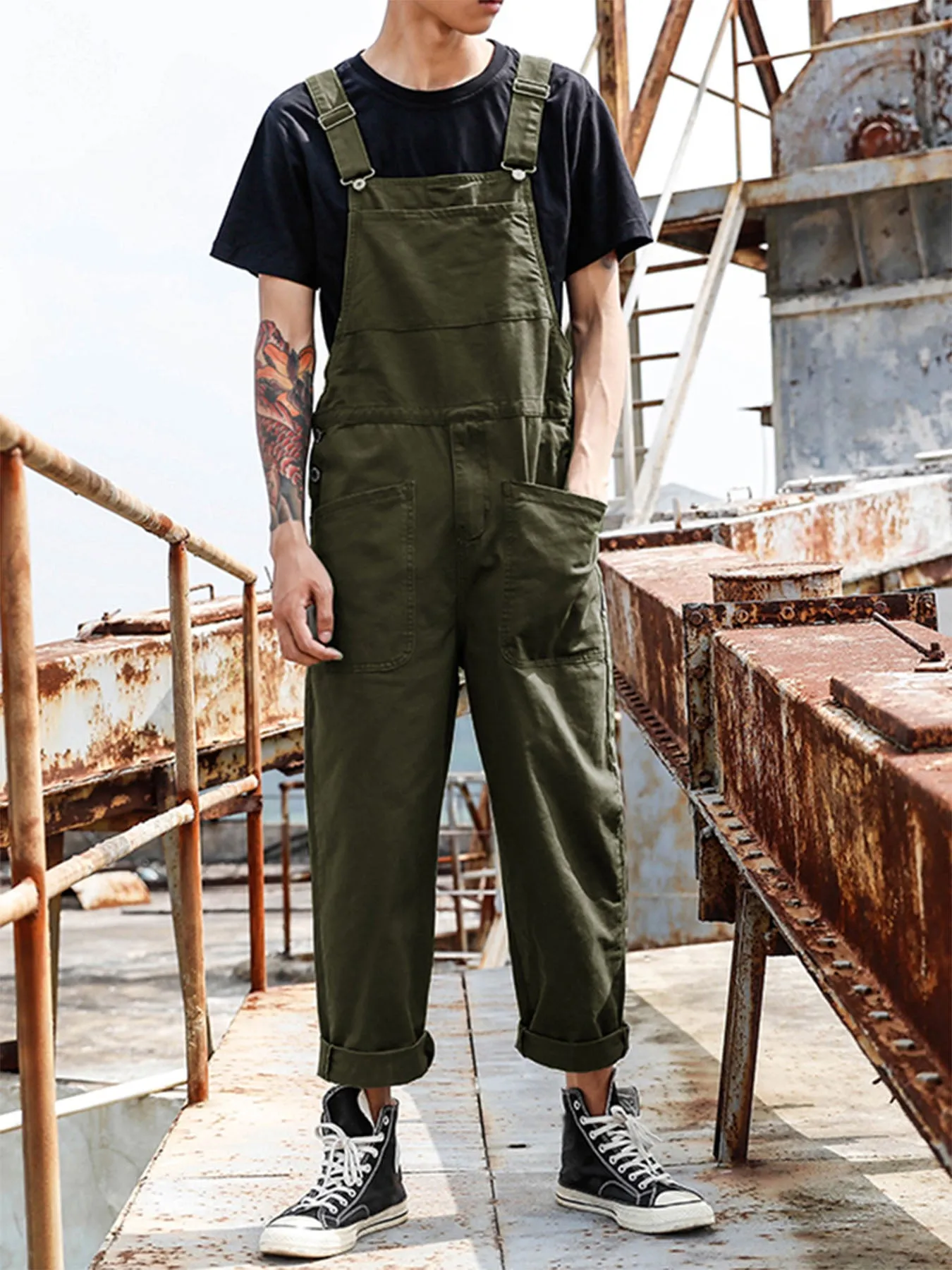 Mens Vintage Pockets Zipper Loose Casual Cargo Jumpsuit  SKUE57797