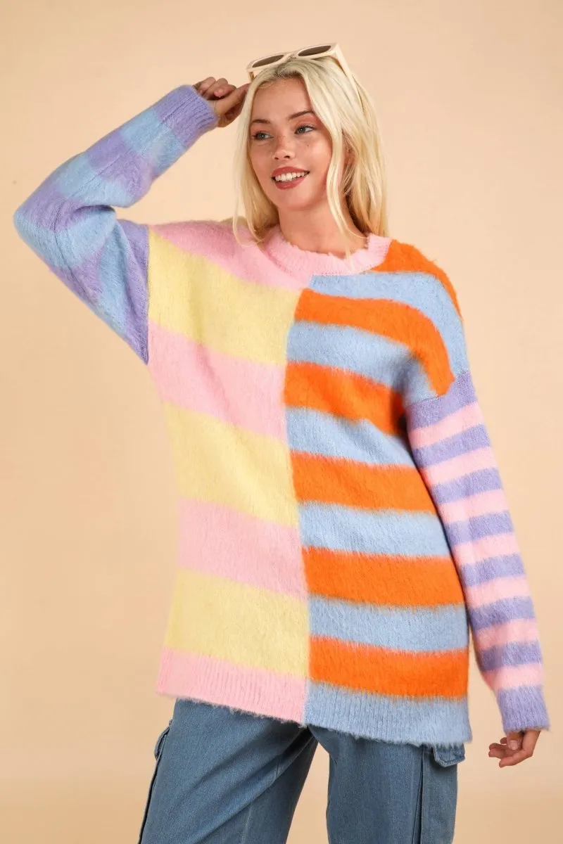 Oversized Striped Fuzzy Knit Sweater Top