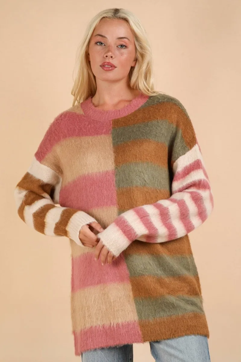 Oversized Striped Fuzzy Knit Sweater Top