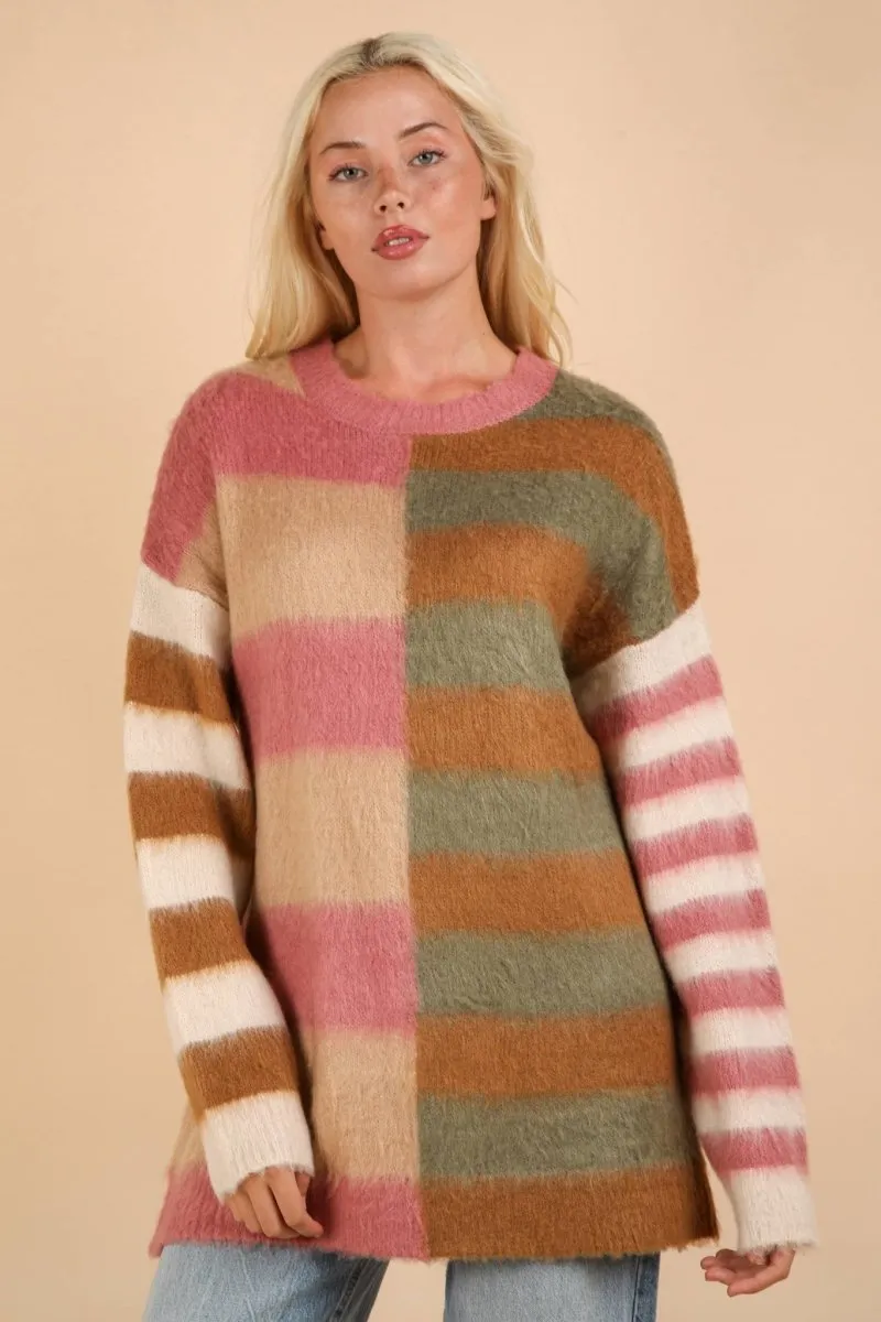 Oversized Striped Fuzzy Knit Sweater Top