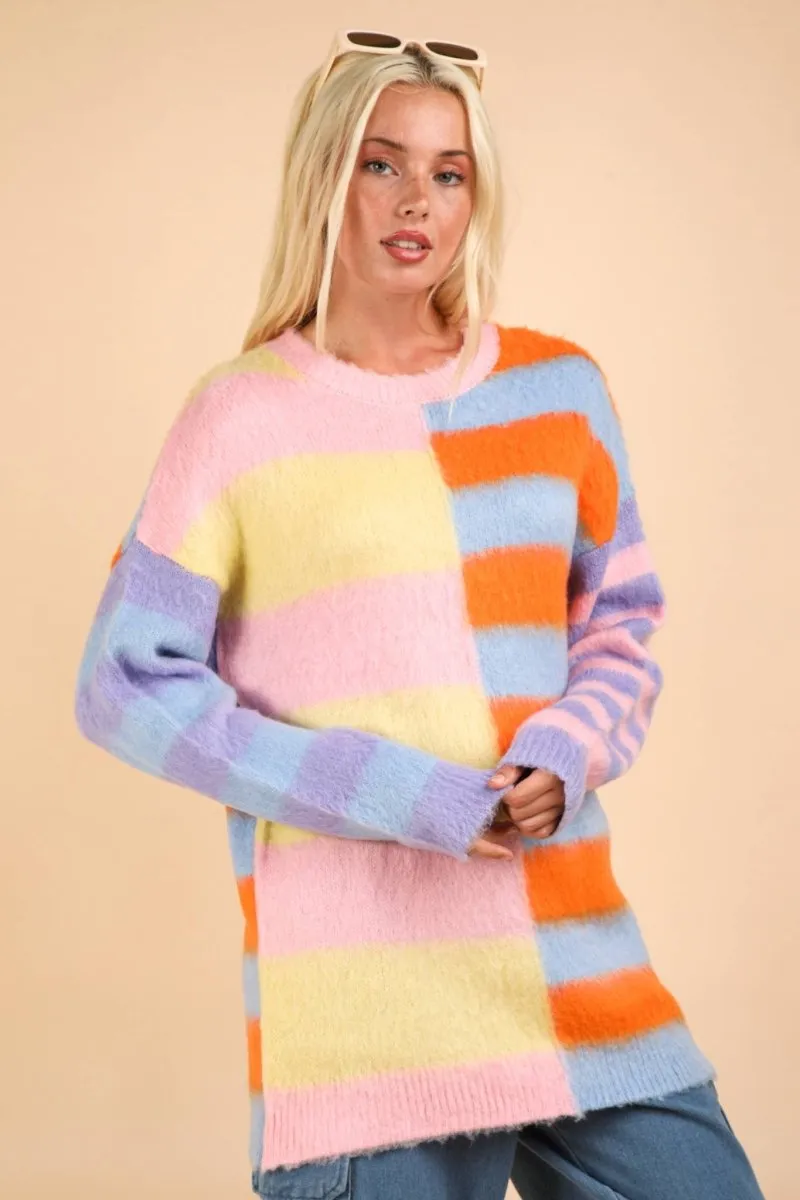 Oversized Striped Fuzzy Knit Sweater Top