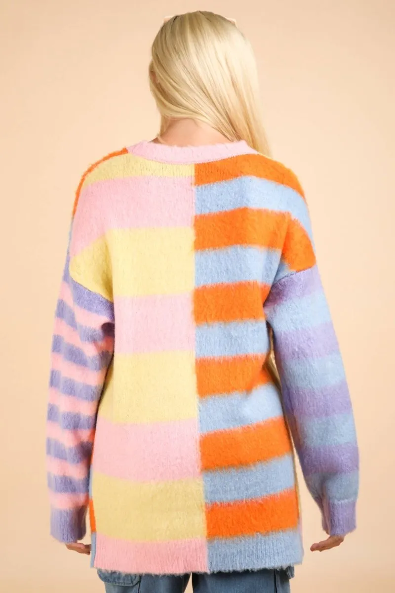 Oversized Striped Fuzzy Knit Sweater Top