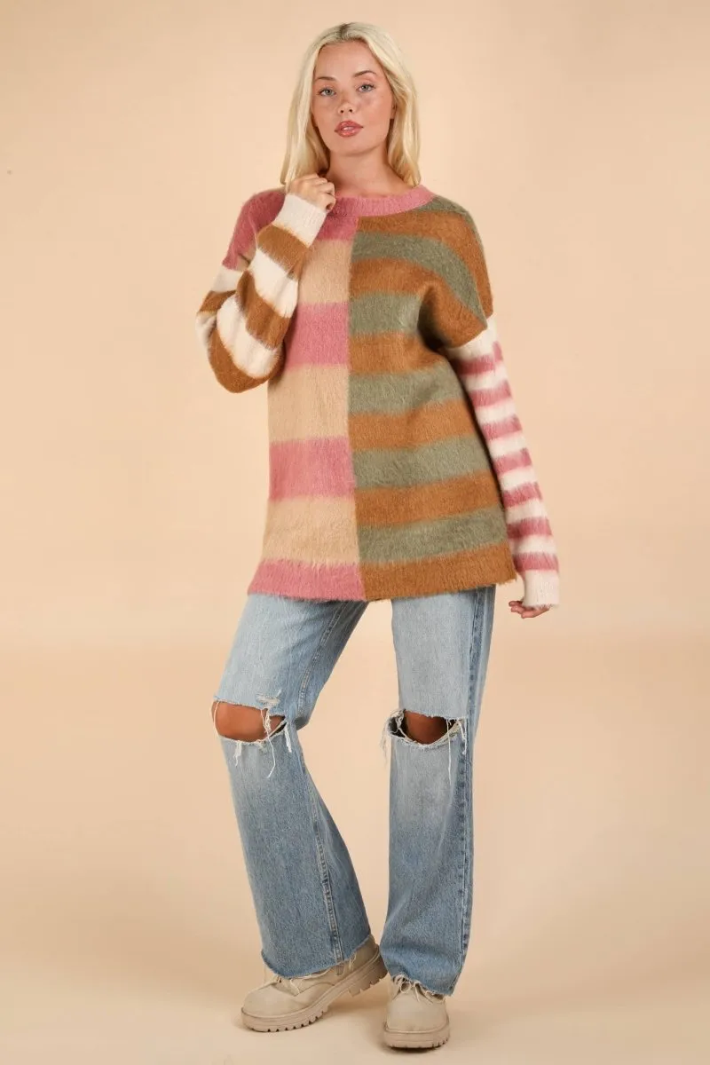 Oversized Striped Fuzzy Knit Sweater Top