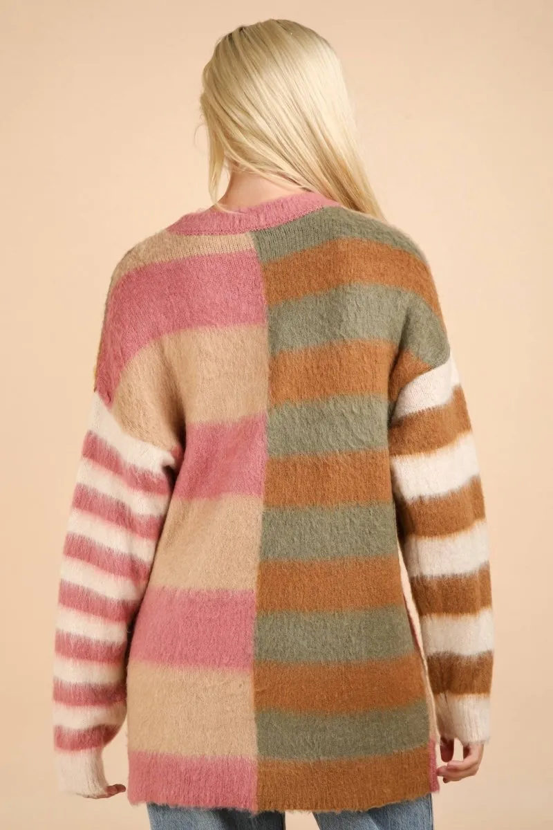 Oversized Striped Fuzzy Knit Sweater Top