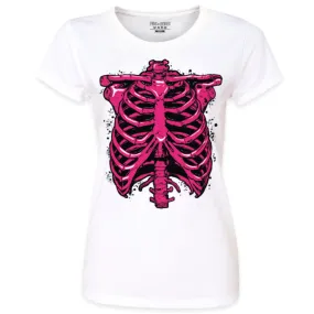 Pins & Bones Women's Skeleton Rib Cage, Inner Bones Horror Themed White Pink Cotton T-Shirt