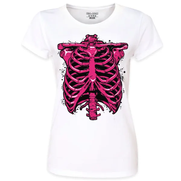 Pins & Bones Women's Skeleton Rib Cage, Inner Bones Horror Themed White Pink Cotton T-Shirt