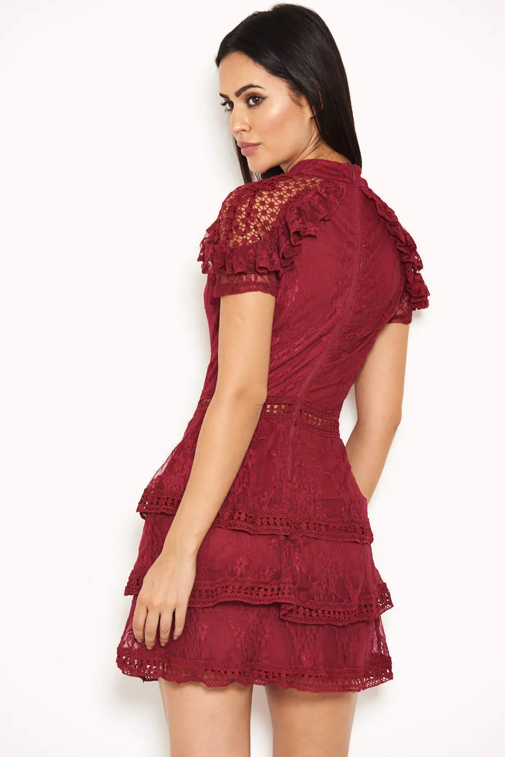 Plum High Neck Lace Layer Frill Mini Dress