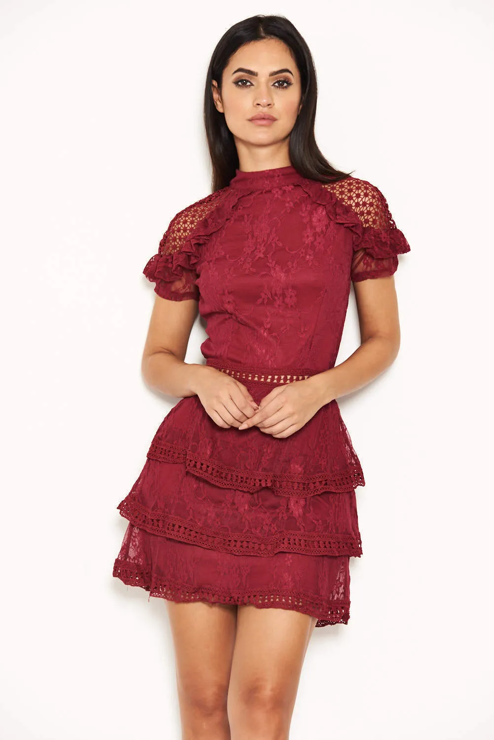 Plum High Neck Lace Layer Frill Mini Dress