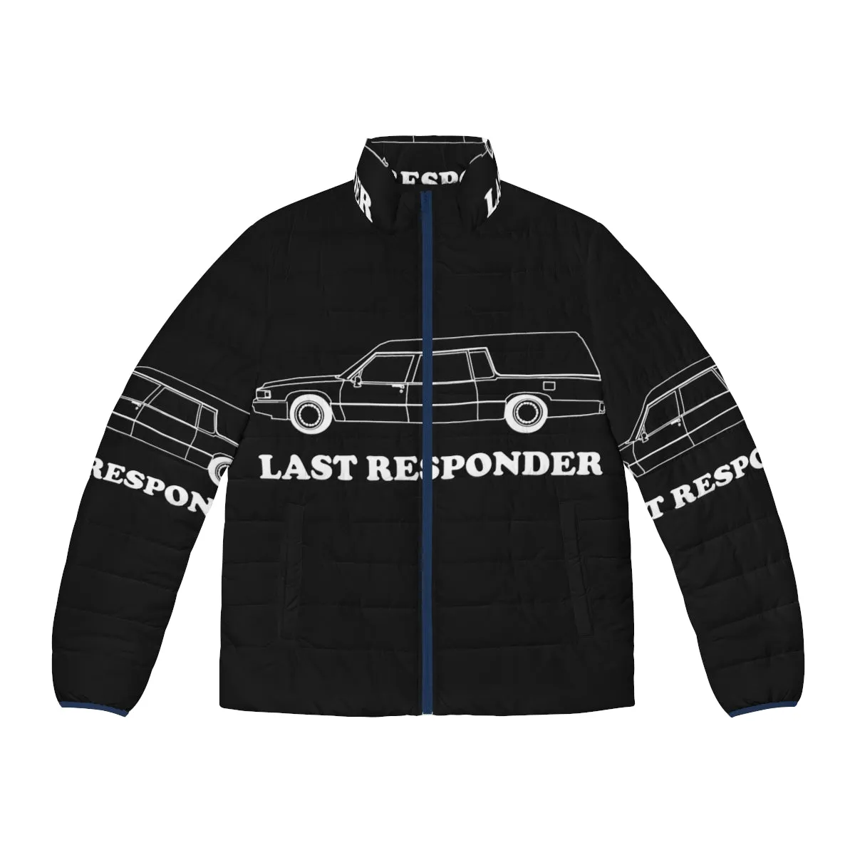 "Last Responder Puffer Jacket: A Funeral-Themed Jacket for Quirky Careers"