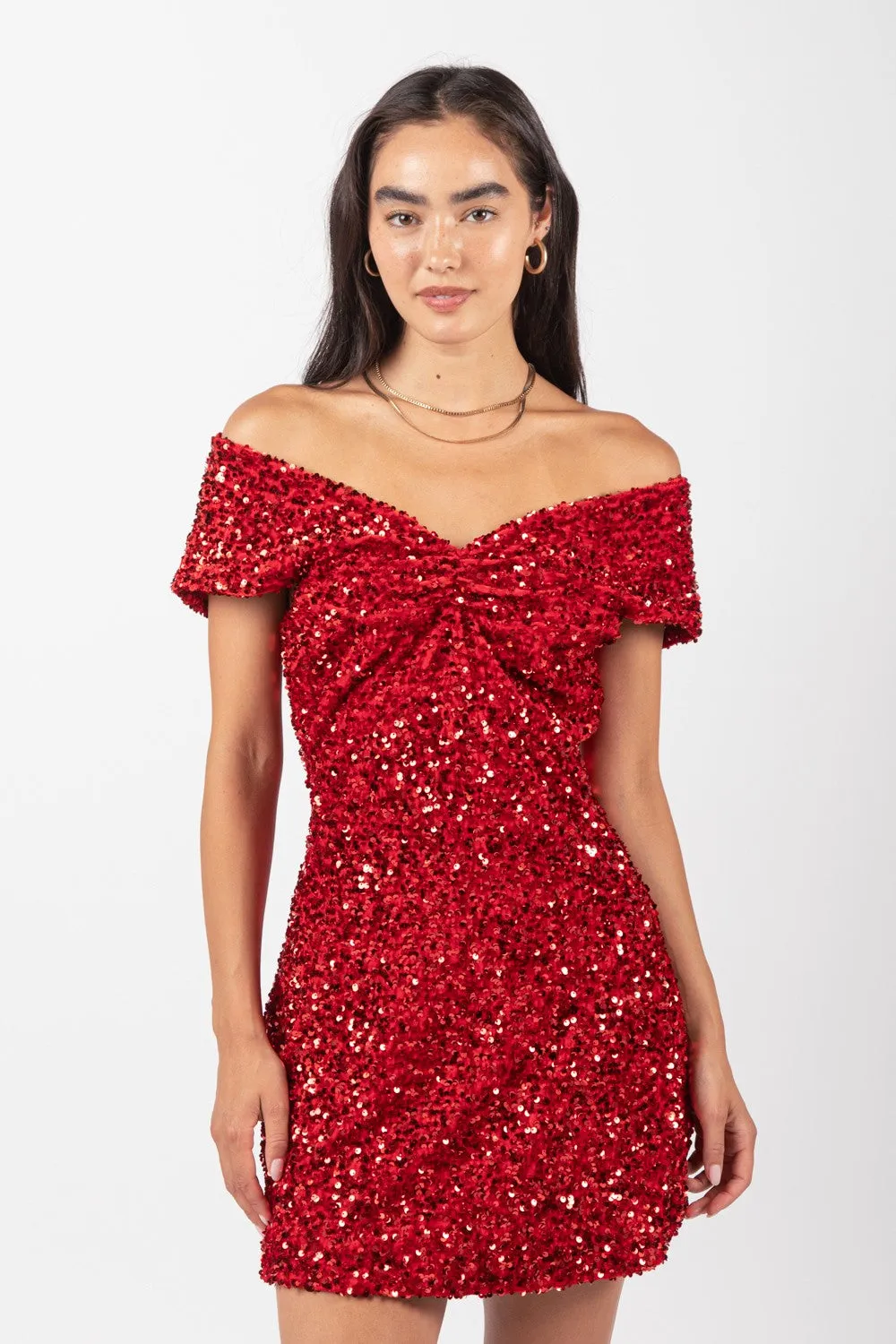 Red Off Shoulder Fitted Sequin Bodycon Mini Dress