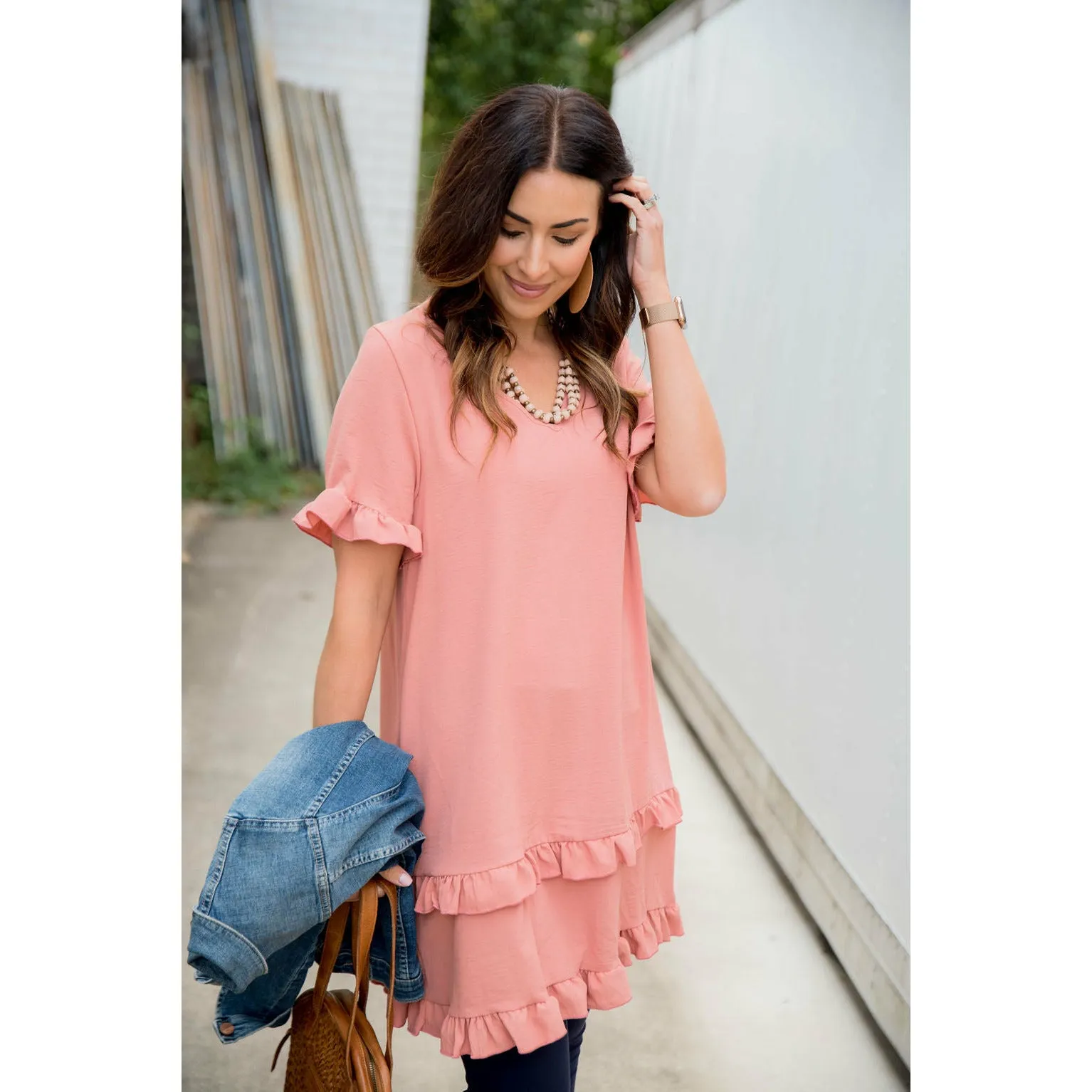 Ruffle Trim V-Neck Tunic Dress