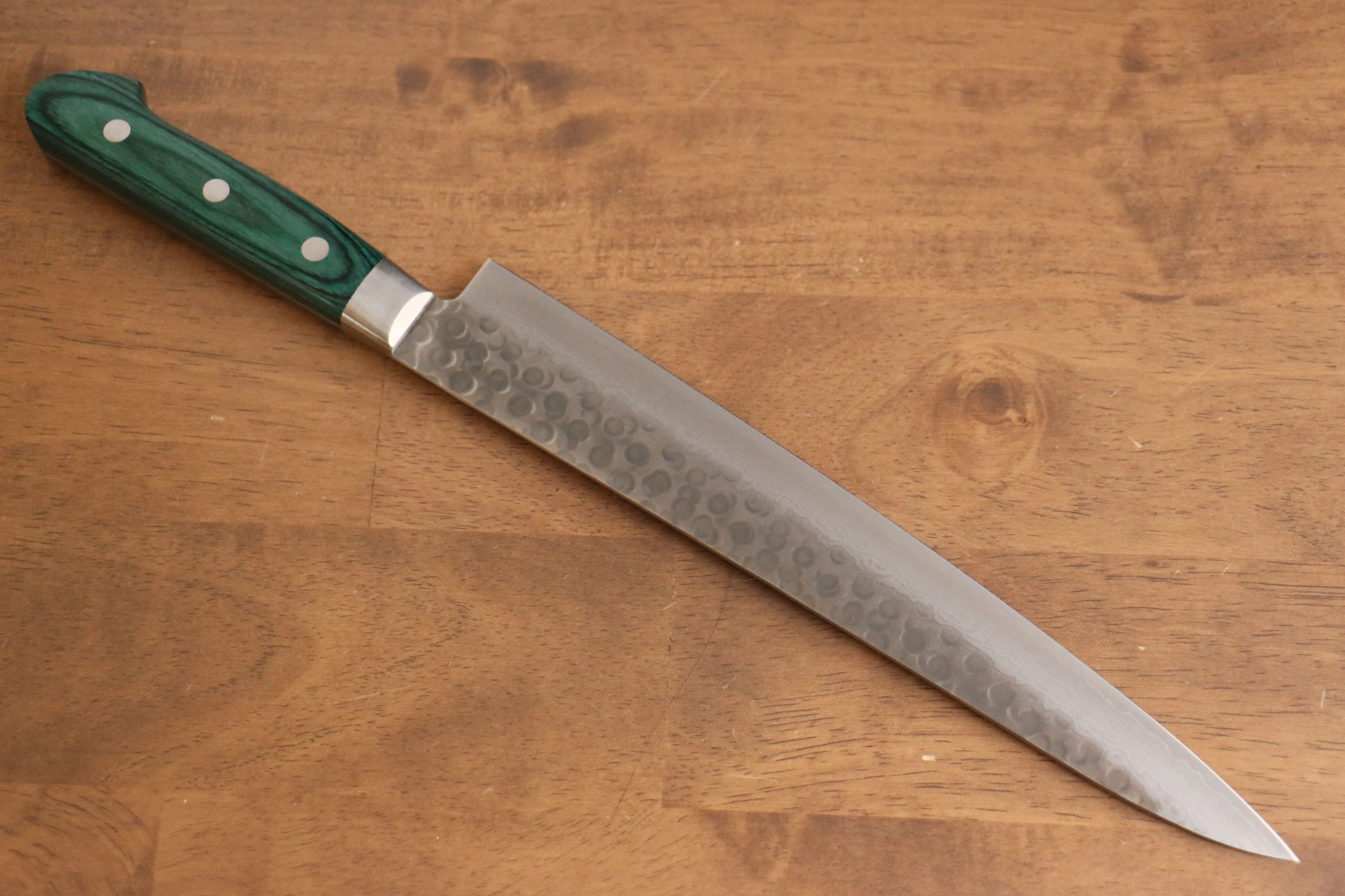 Sakai Takayuki VG10 17 Layer Damascus Sujihiki 240mm Green Pakka wood Handle