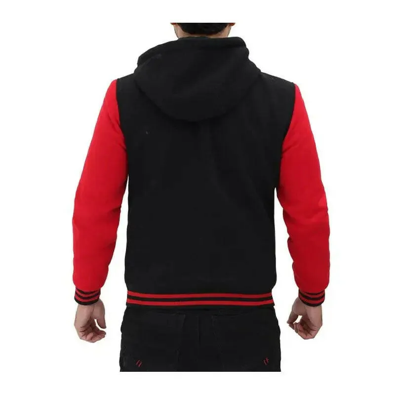 Shop Best Letterman High School Style Salerno Baseball Hooded Red and Black Varsity Jacket For Men