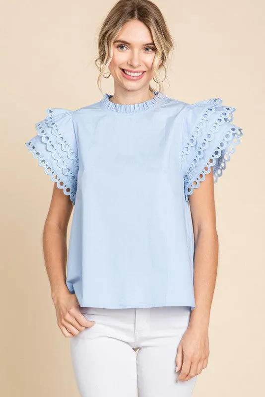 Solid Layer Ruffled Cap Sleeves Top