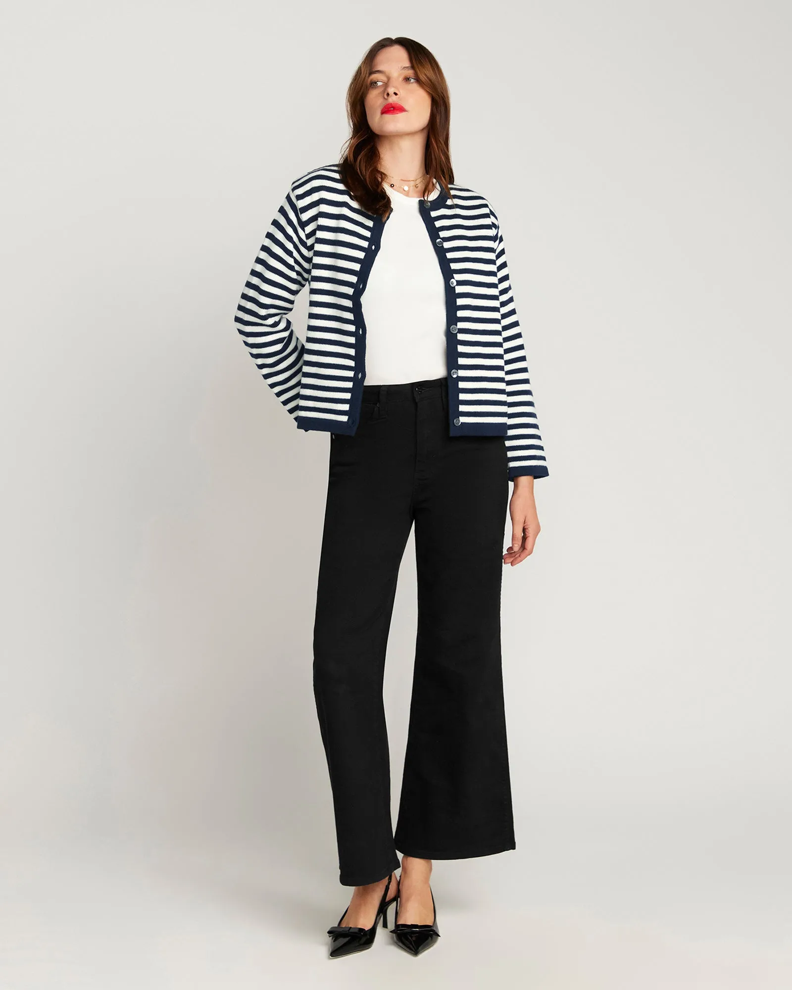 Stripe Cardigan In Cotton & Cashmere - Navy Blue & White Stripe