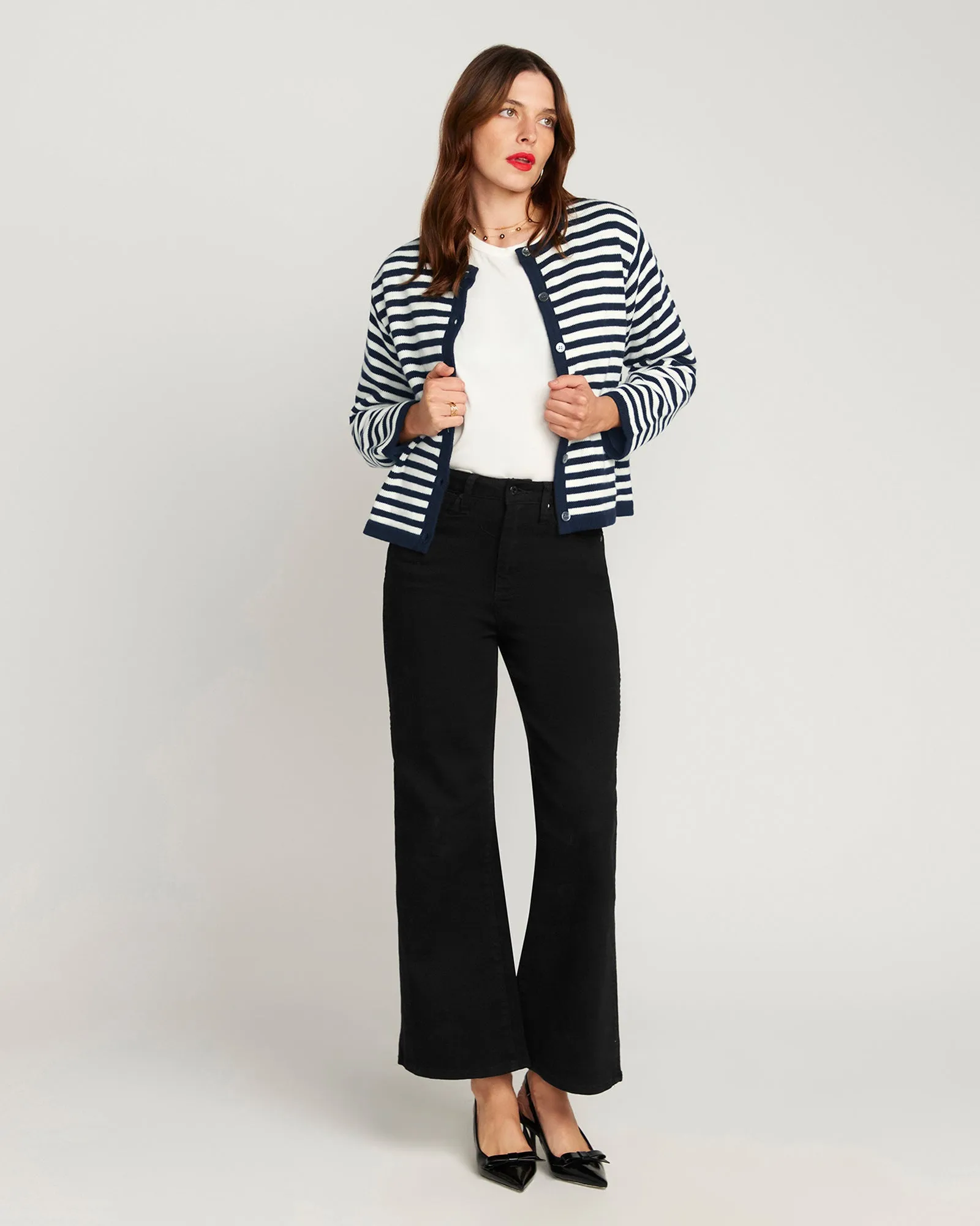 Stripe Cardigan In Cotton & Cashmere - Navy Blue & White Stripe