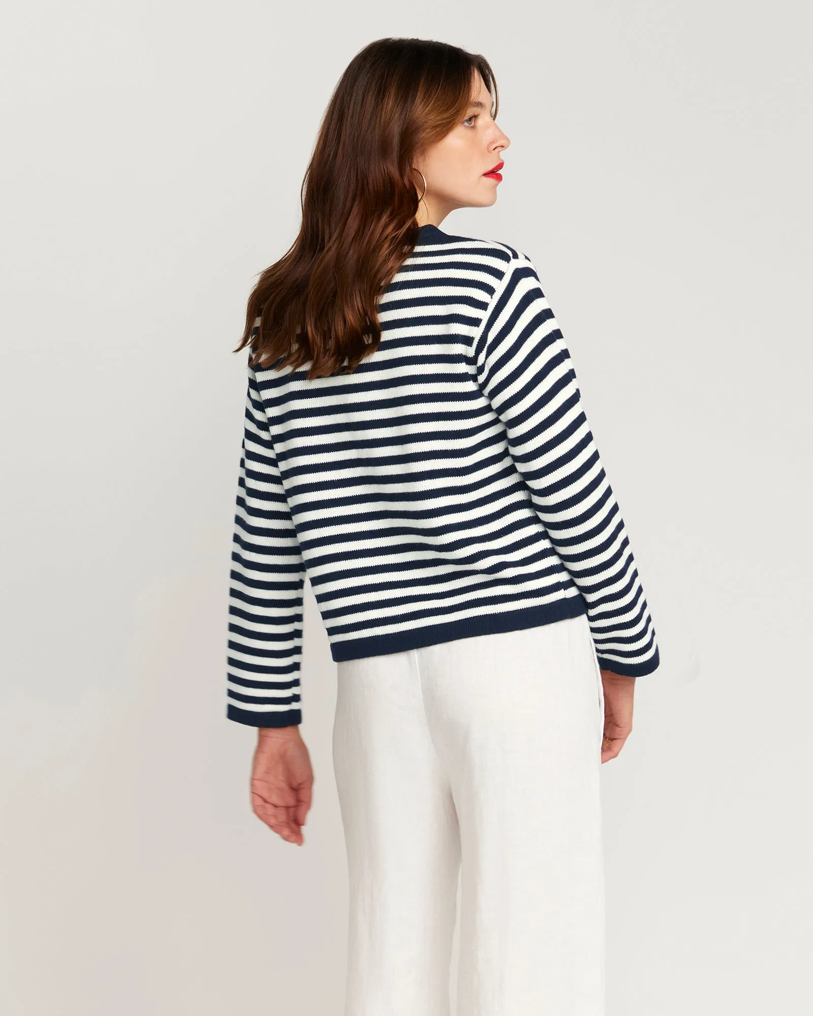 Stripe Cardigan In Cotton & Cashmere - Navy Blue & White Stripe