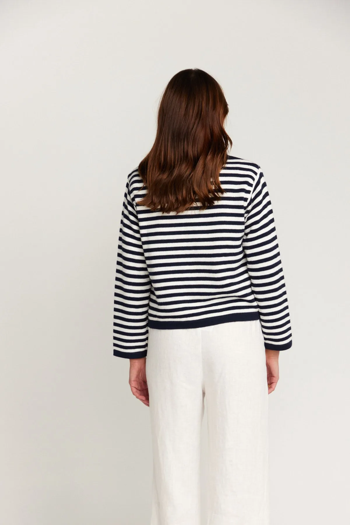 Stripe Cardigan In Cotton & Cashmere - Navy Blue & White Stripe