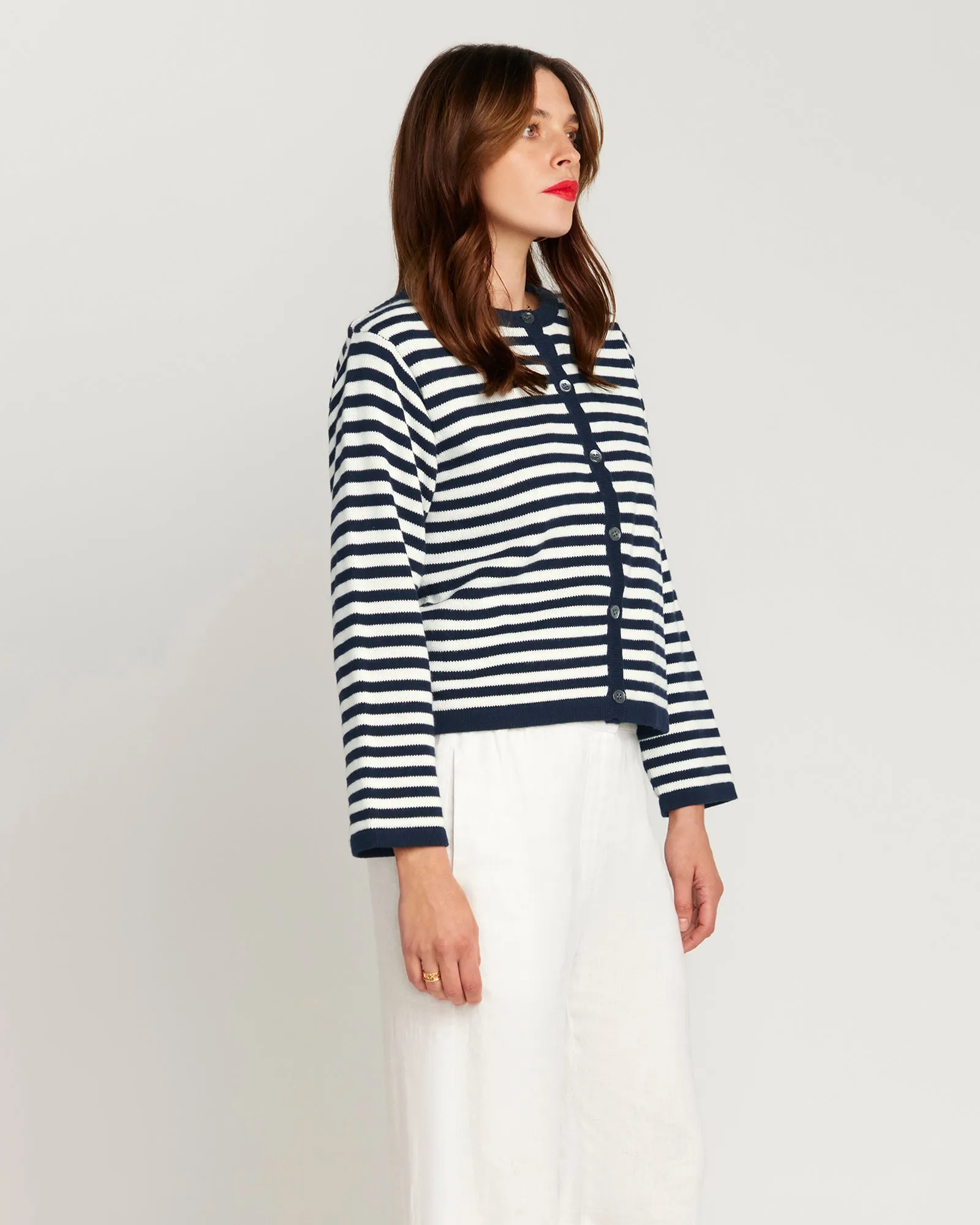 Stripe Cardigan In Cotton & Cashmere - Navy Blue & White Stripe