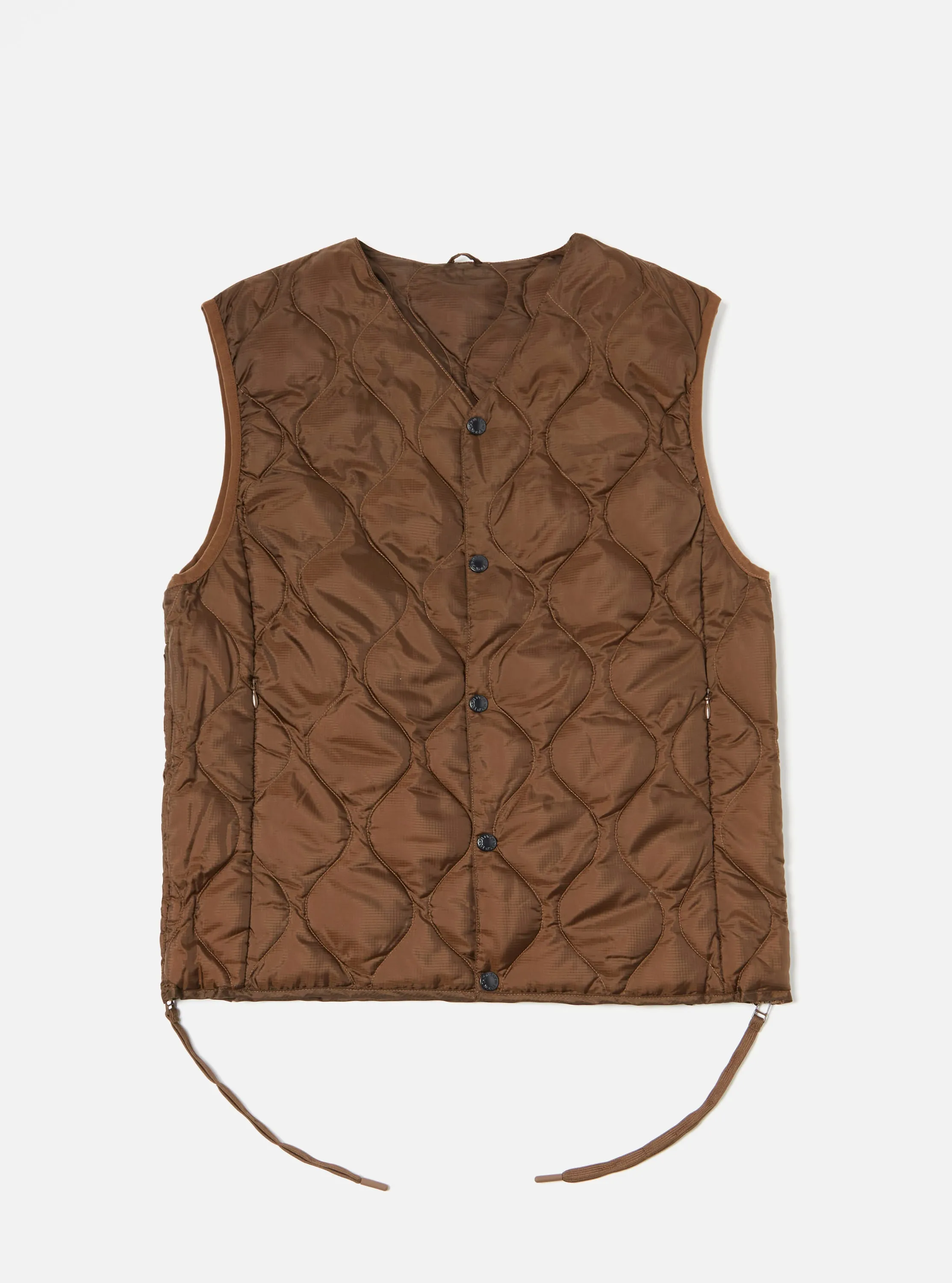 Taion by F/CE. Packable Down Vest in Brown Nylon Ripstop/Duck Down