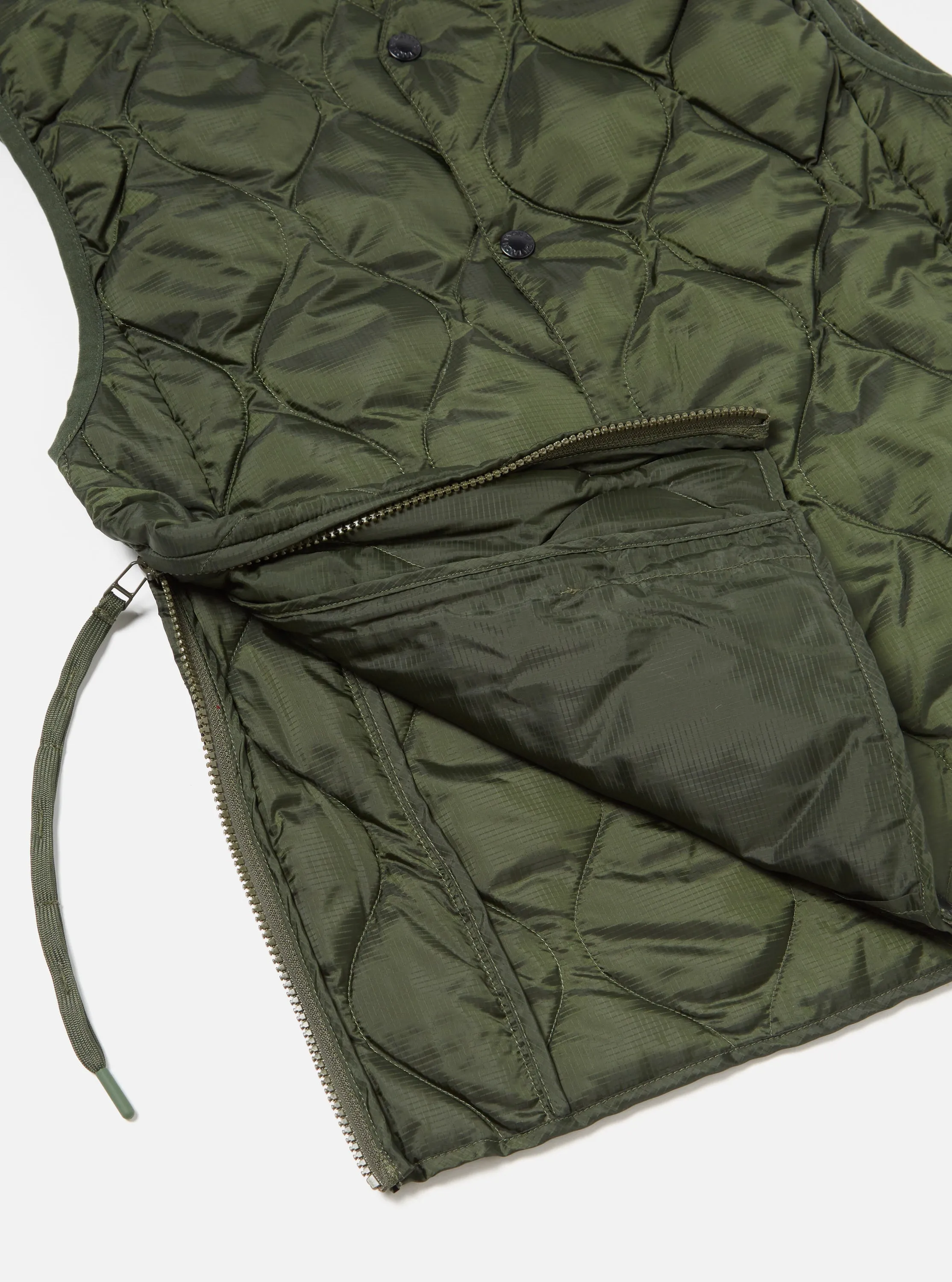 Taion by F/CE. Packable Down Vest in Olive Nylon Ripstop/Duck Down