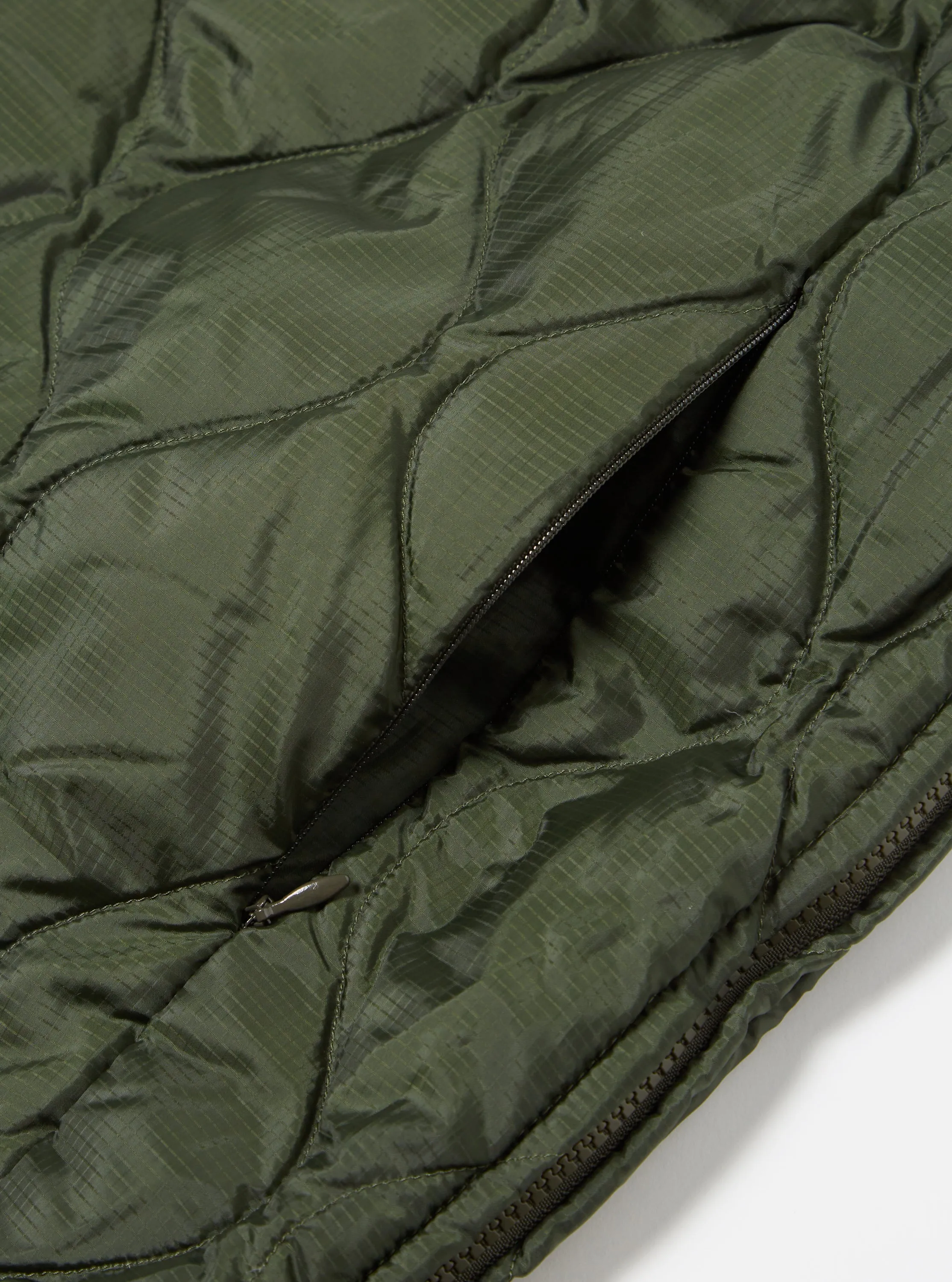 Taion by F/CE. Packable Down Vest in Olive Nylon Ripstop/Duck Down