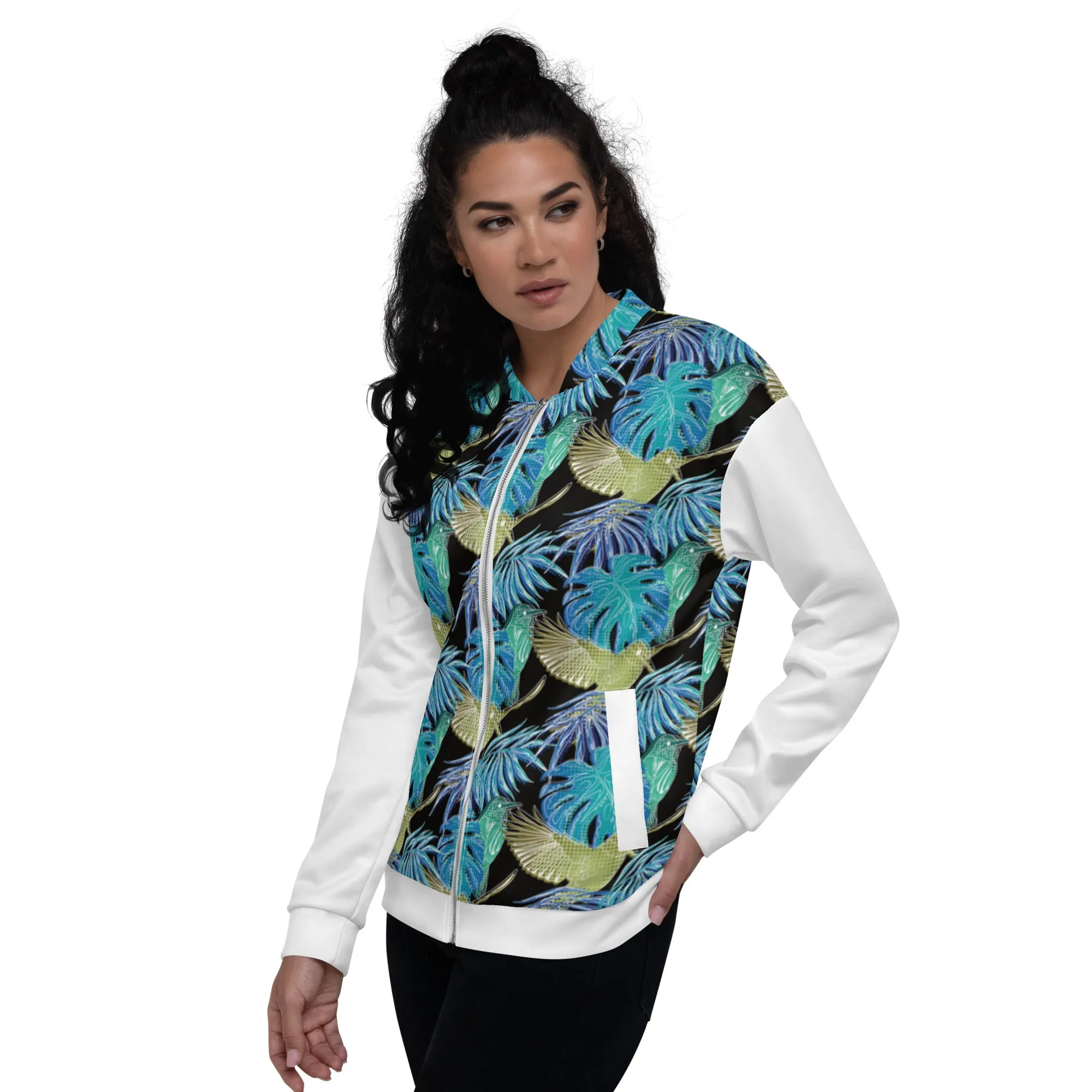 Women Bomber Jacket With Pockets Zipper Premium Quality Thermal Tropical Bird Design by IOBI Original Apparel