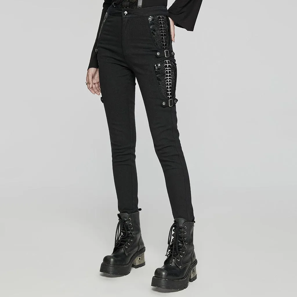 Women's Punk Skeleton Patent Leather Splice Pants