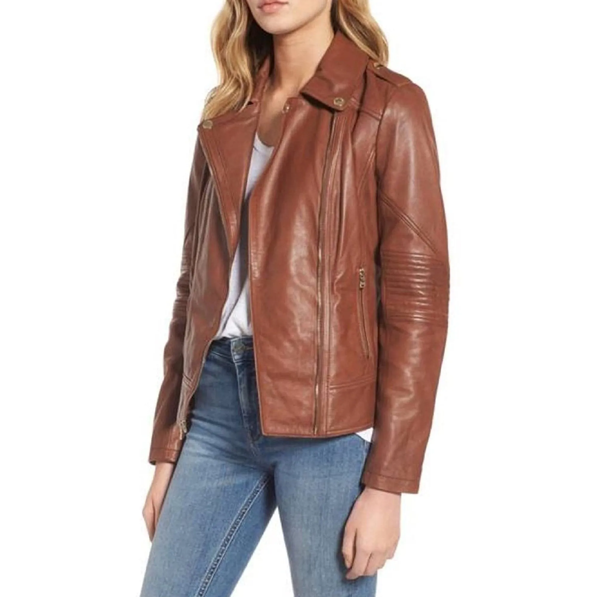 Women's Slim Fit Genuine Leather Tan Jacket