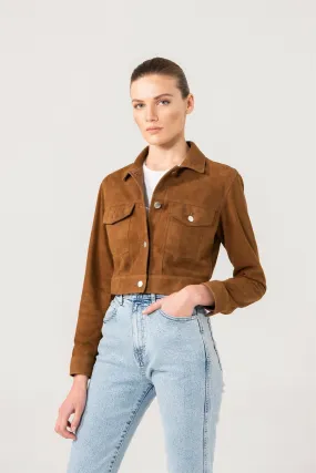 Women’s Tan Brown Suede Leather Short Trucker Jacket